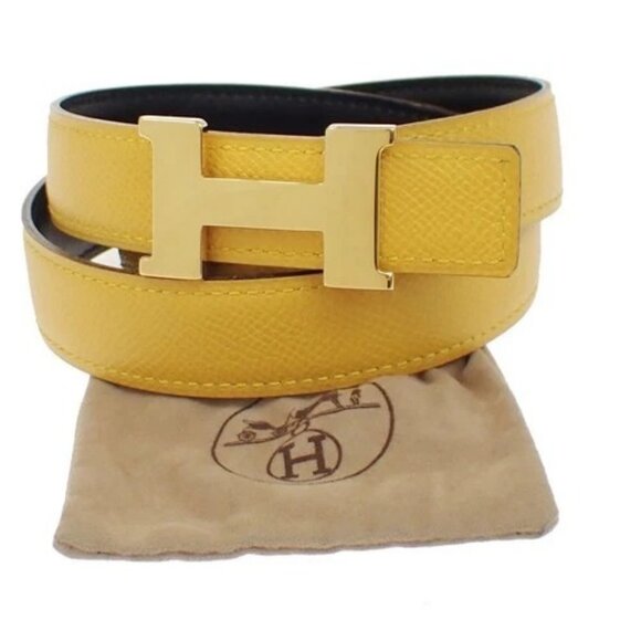 HERMES Logo Constance H Buckle Belt Size 65 Leather Yellow Black France 34RL638 main image 6